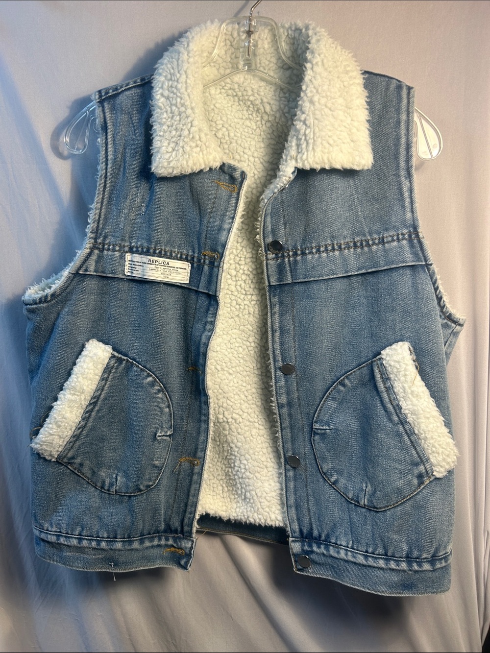 Sherpa-Lined Light Wash Denim Vest with Faux Shearling - Picture 1 of 1